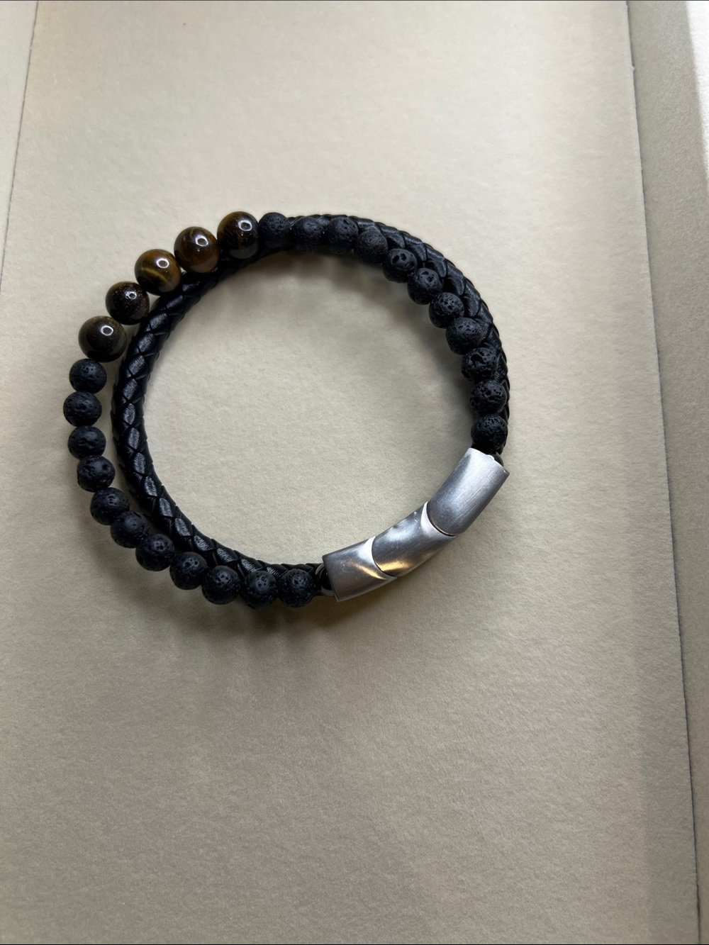 Men's Black Beaded & Braided Leather Bracelet with Silver Clasp Tiger eye